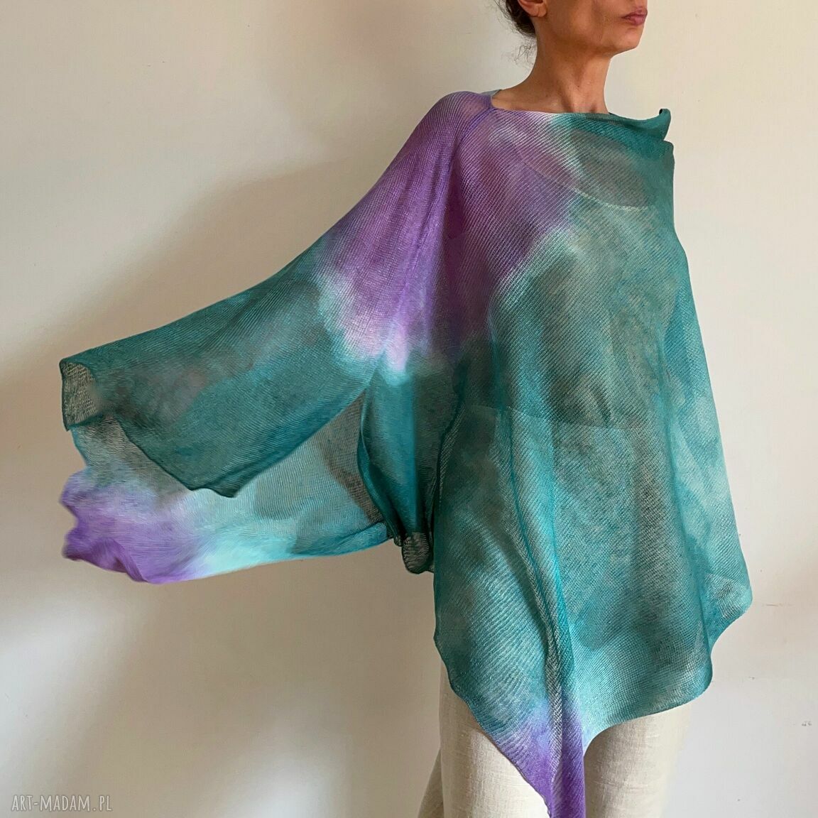 Poncho lniane szmaragd i fiolet - narzutka oversize handmade na prezent