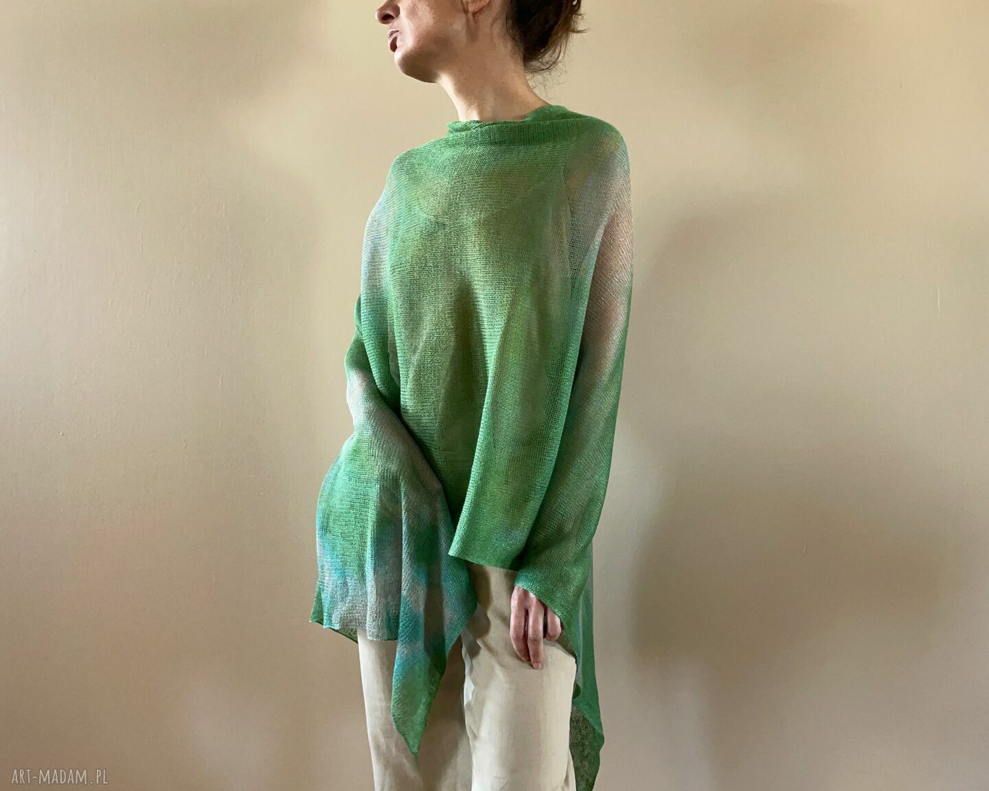Lniane ponczo oversize zieleń&natura - one size