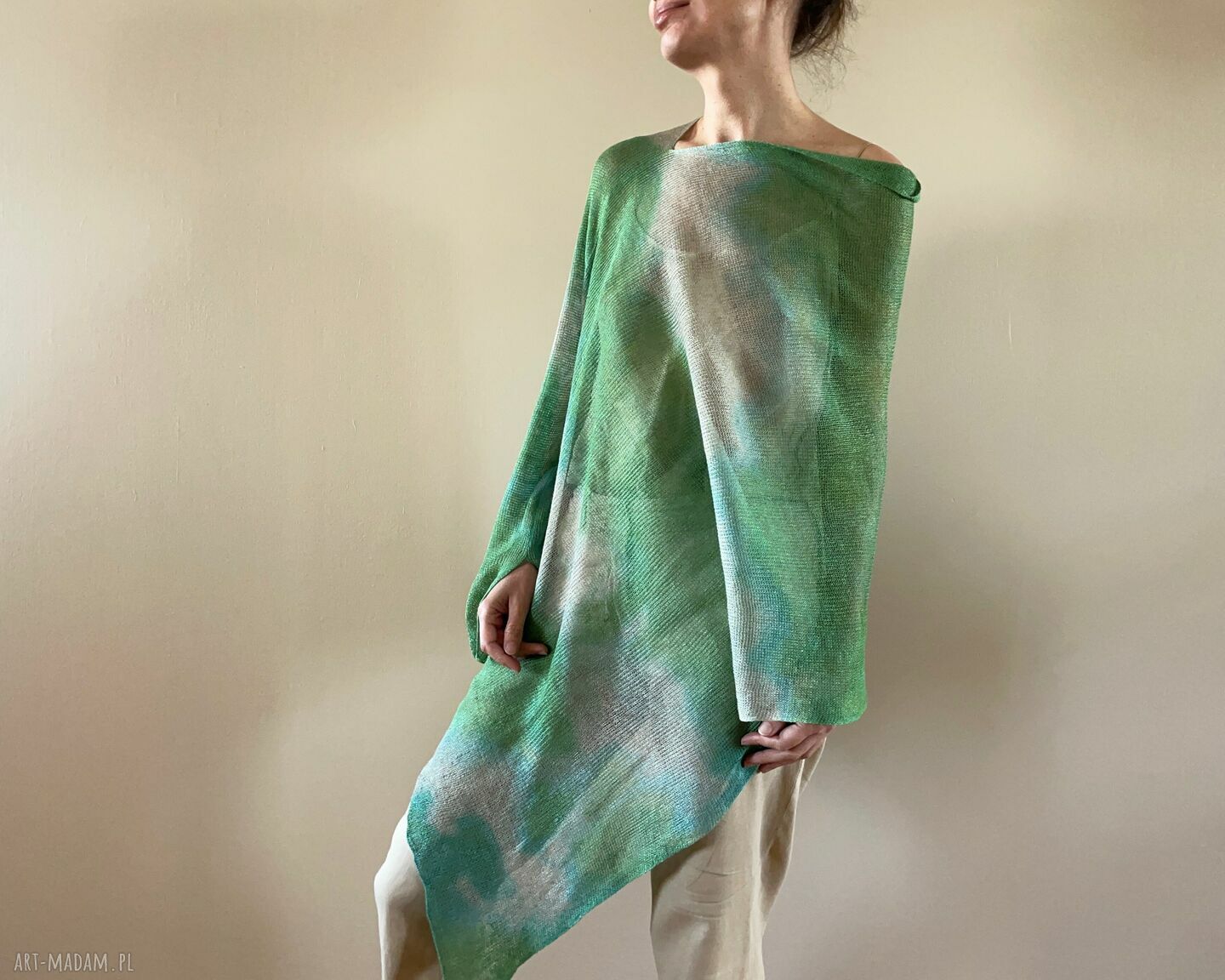 Lniane ponczo oversize zieleń&natura - one size