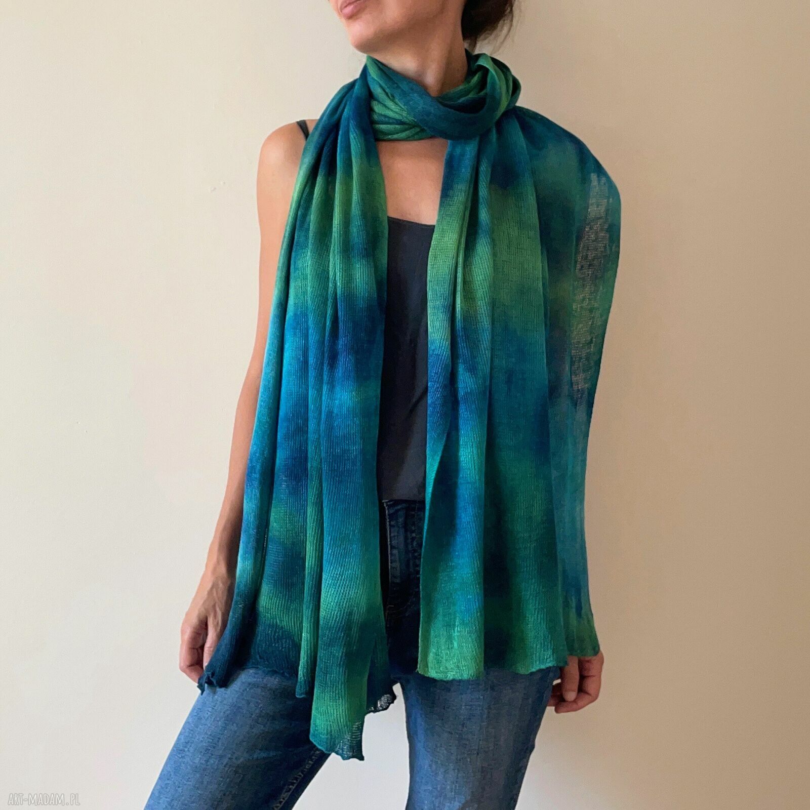 Szal lniany blue&green - unikat ręcznie barwiony