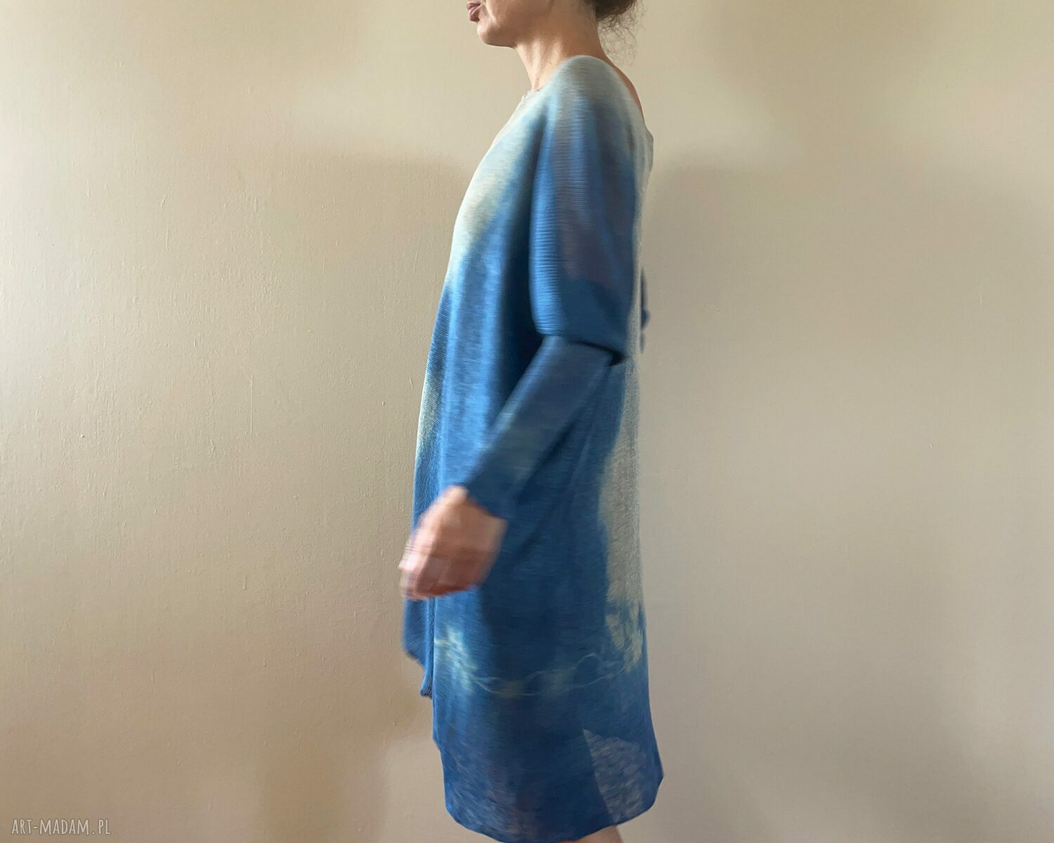 Luźny lniany sweter-sukienka blue i taupe (one size)