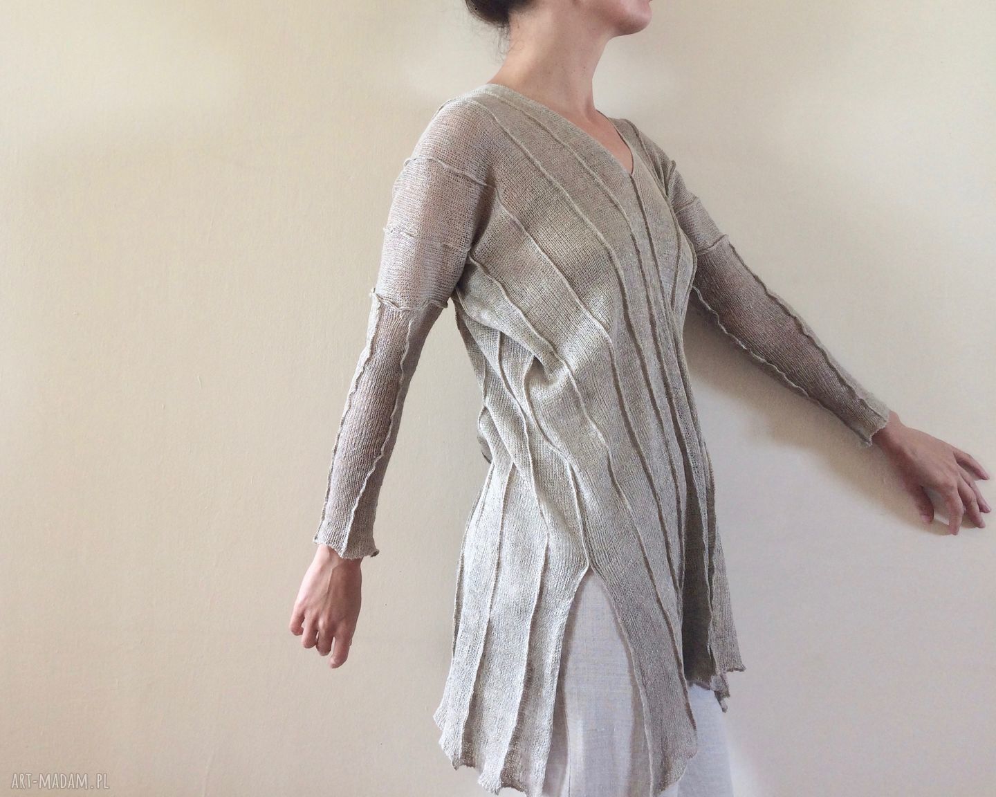 Lniany sweter oversize z naturalnego lnu - tunika handmade