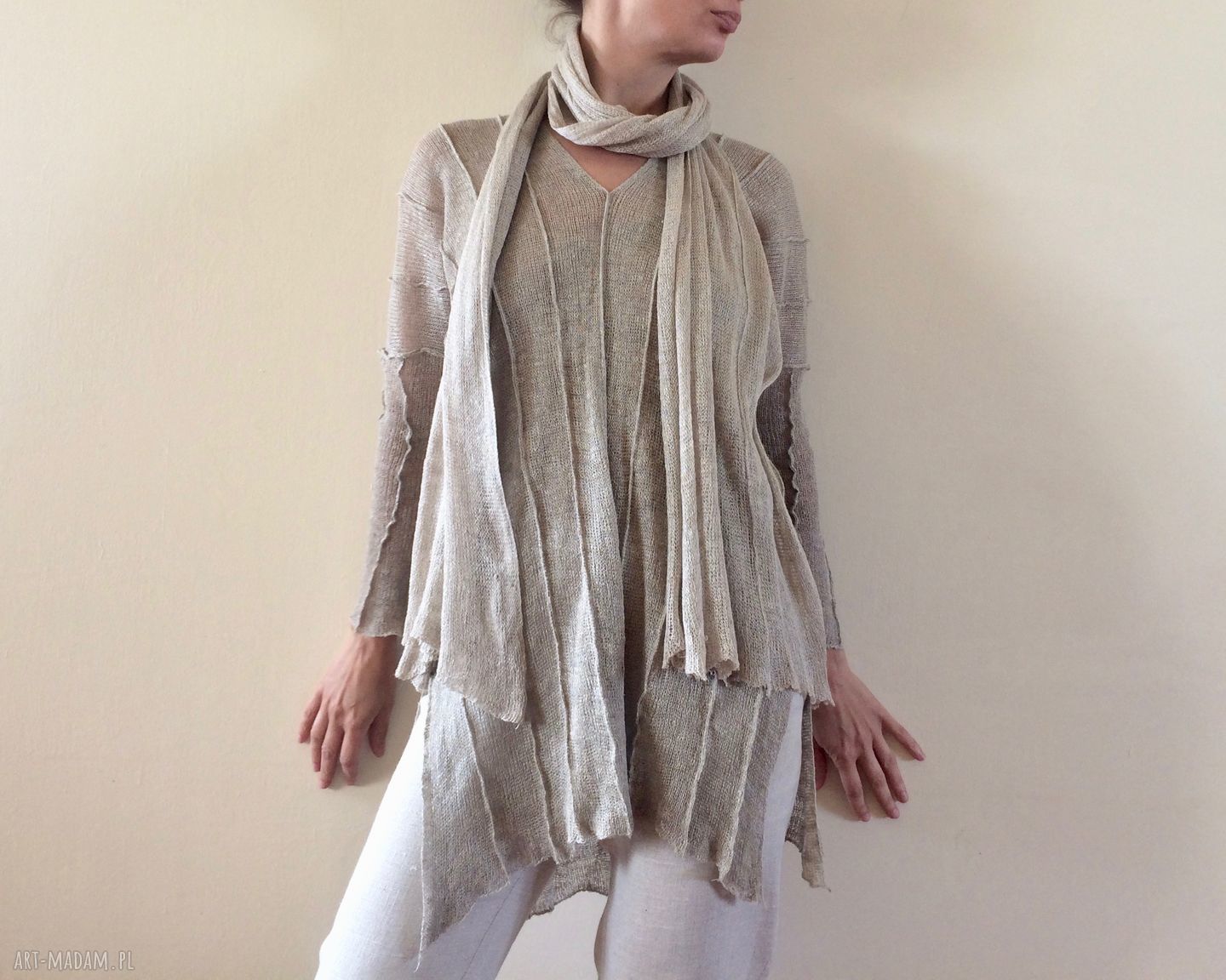 Lniany sweter oversize z naturalnego lnu - tunika handmade