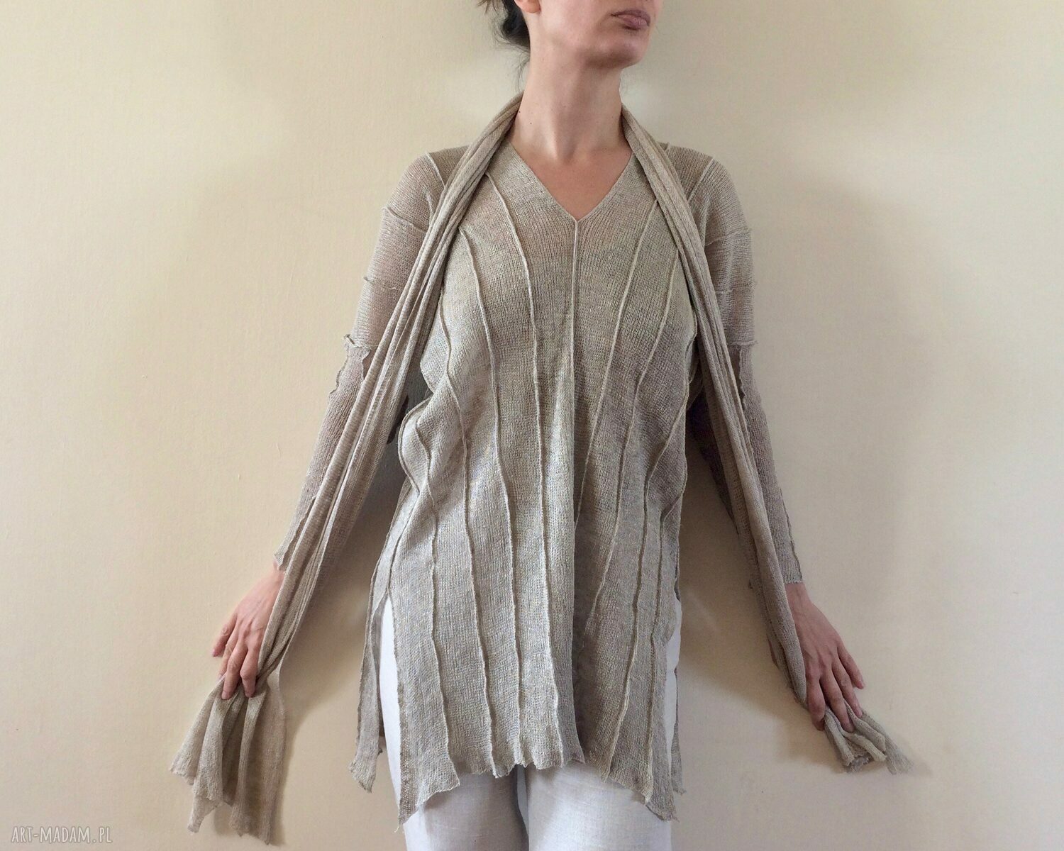 Lniany sweter oversize z naturalnego lnu - tunika handmade