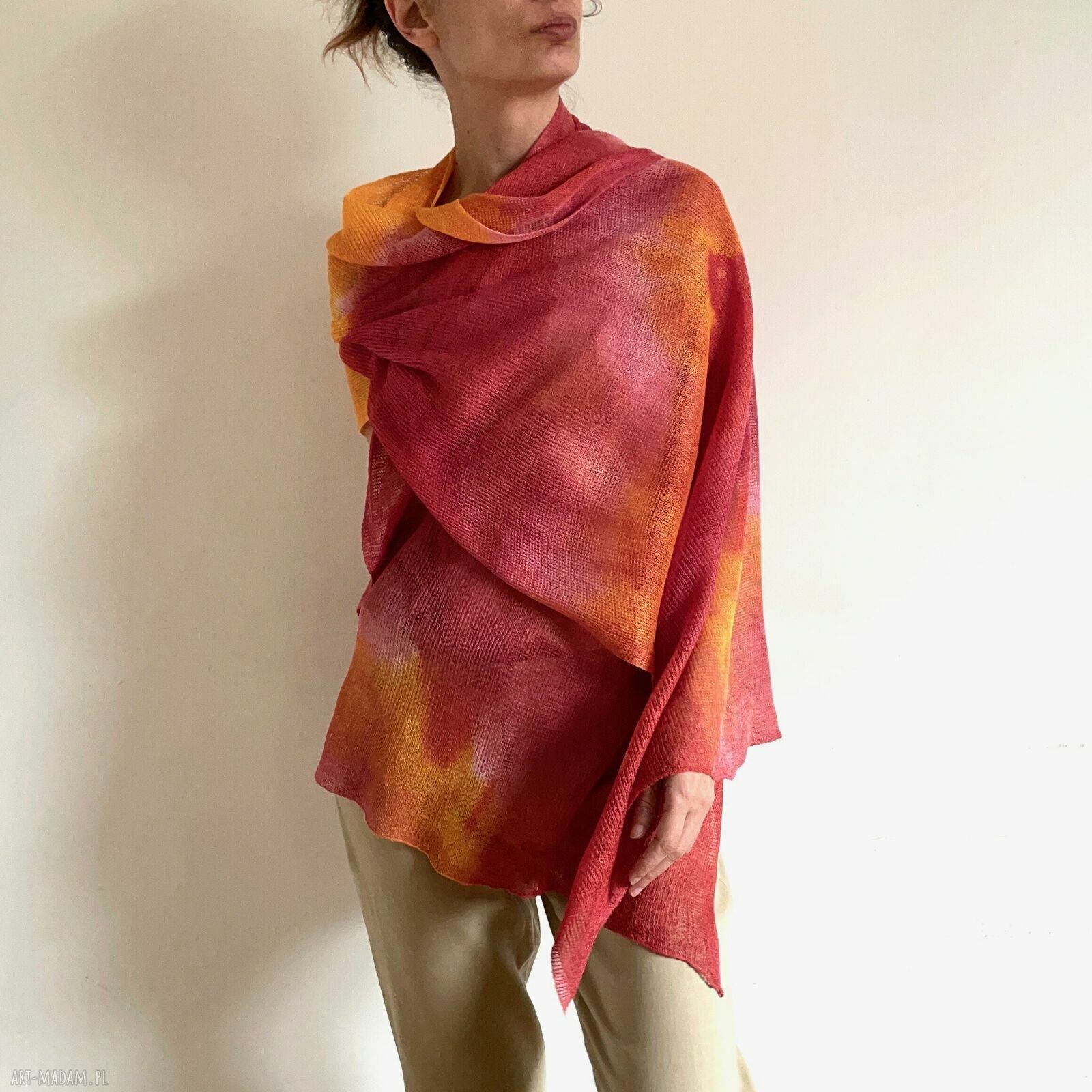 Lniany szal orange & red - ręcznie barwiony unikat 100% lnu
