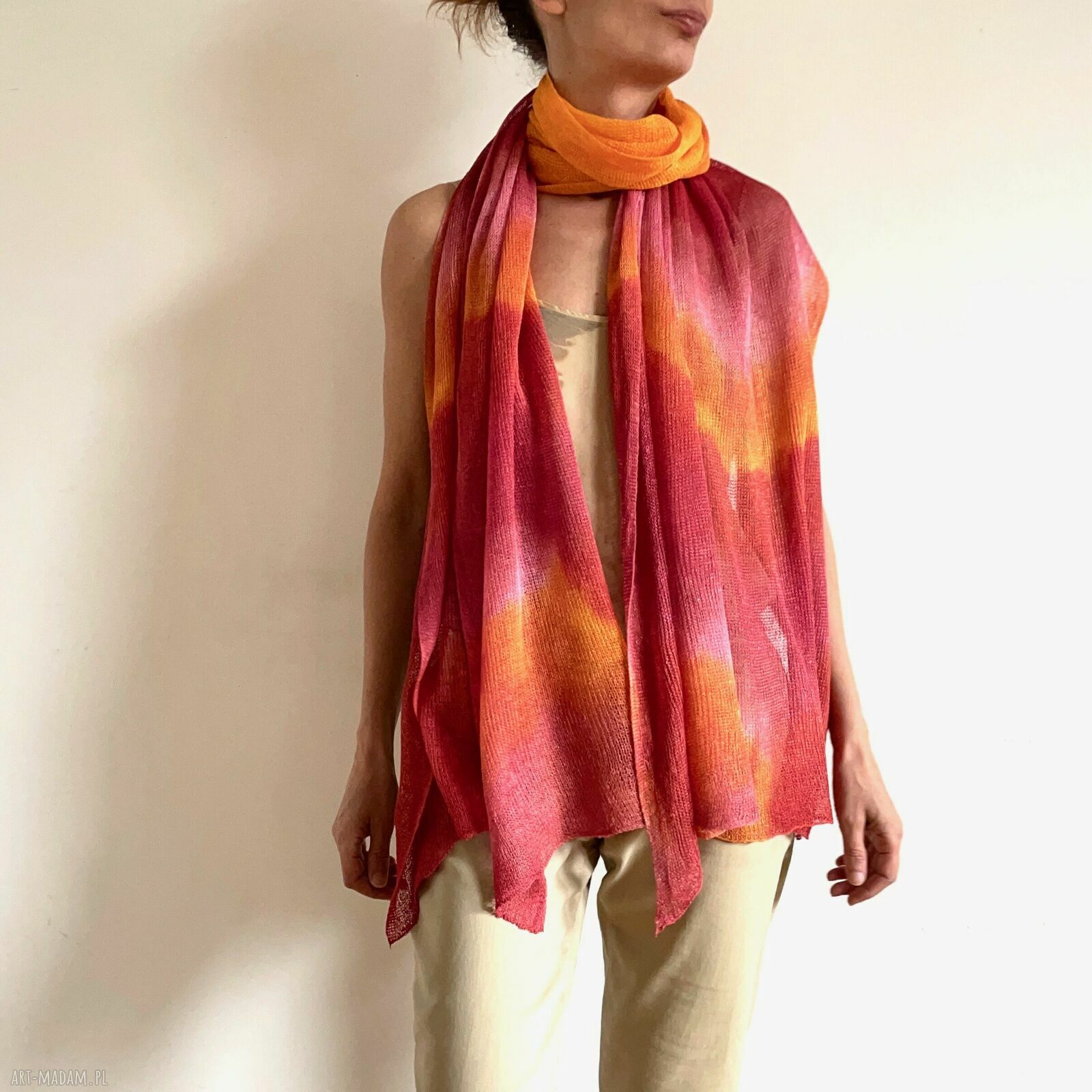 Lniany szal orange & red - ręcznie barwiony unikat 100% lnu