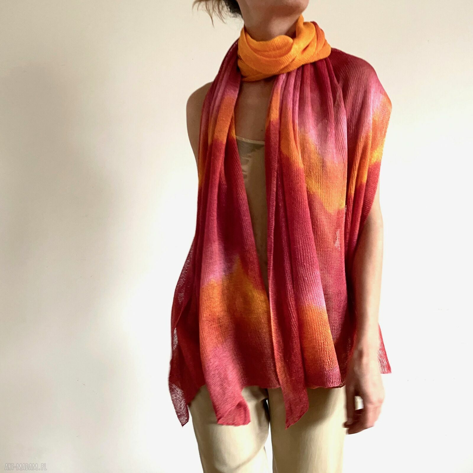 Lniany szal orange & red - ręcznie barwiony unikat 100% lnu