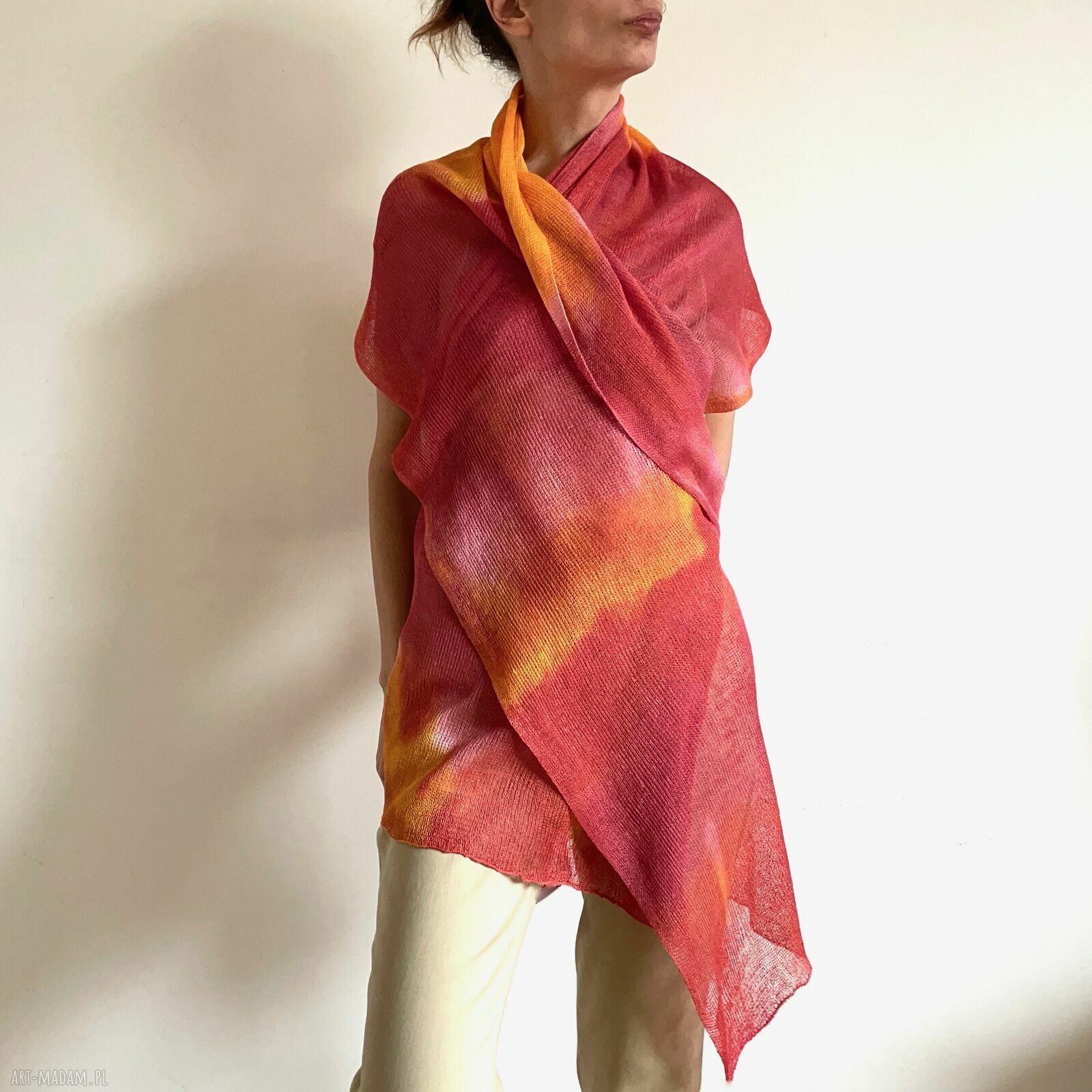 Lniany szal orange & red - ręcznie barwiony unikat 100% lnu