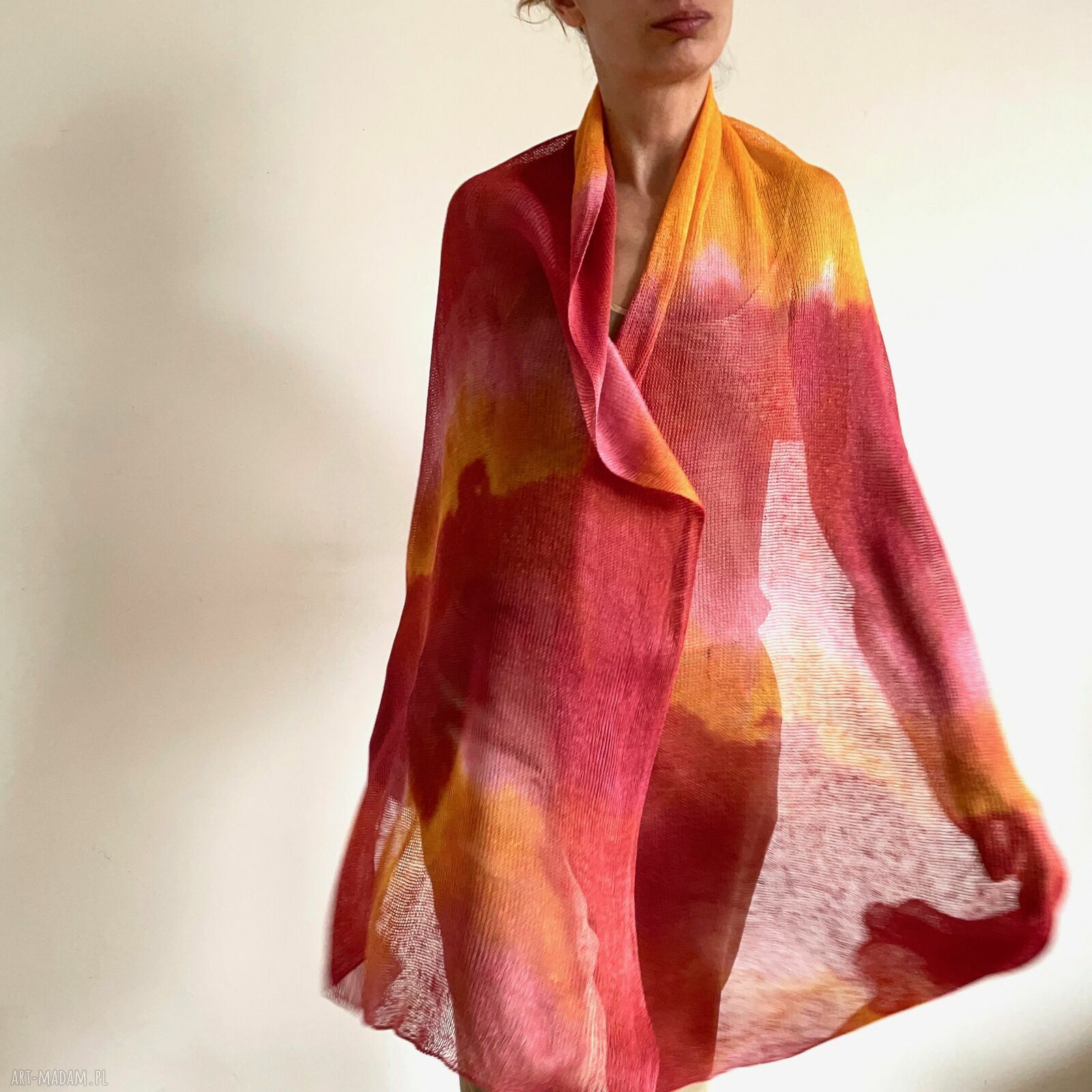 Lniany szal orange & red - ręcznie barwiony unikat 100% lnu