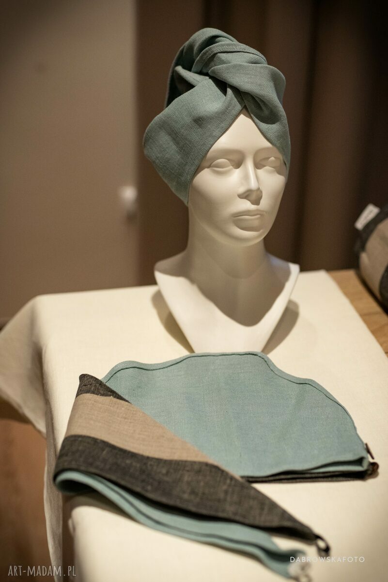 Lniany turban kąpielowy szary-błękit