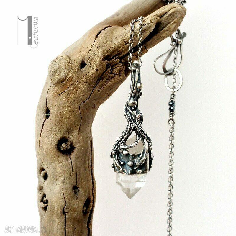 Lodowy amulet srebrny naszyjnik z kryształem górskim handmade (wire wrapping)