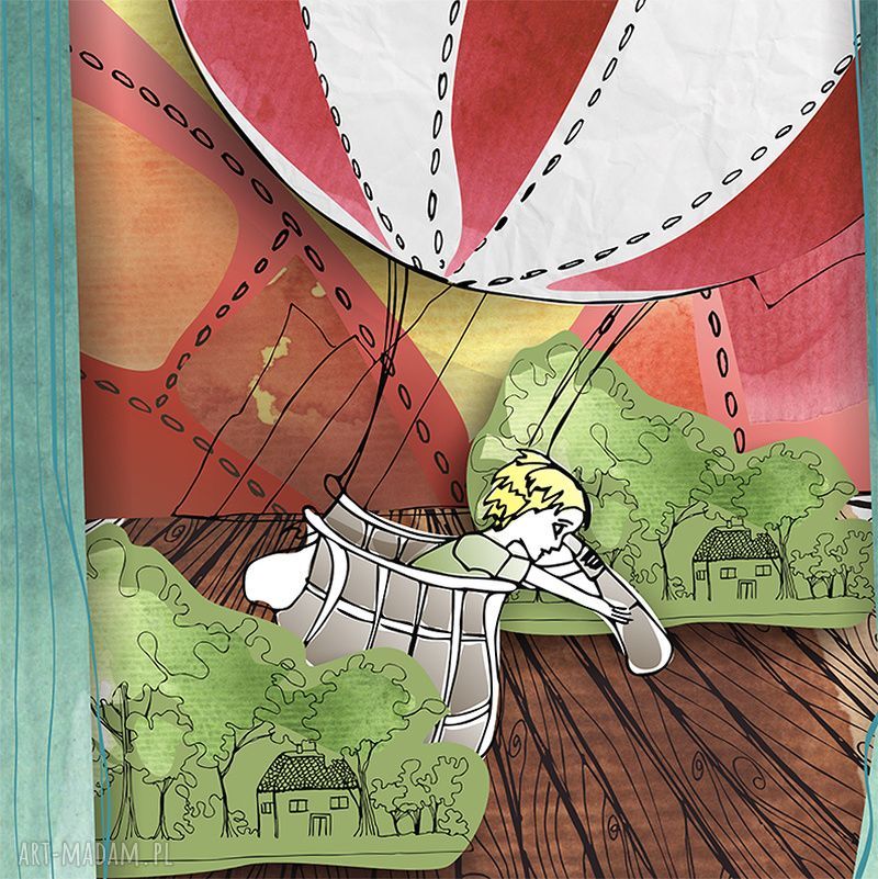 Lot balonem - ilustracja A4 dla dziecka (chłopiec i balon)