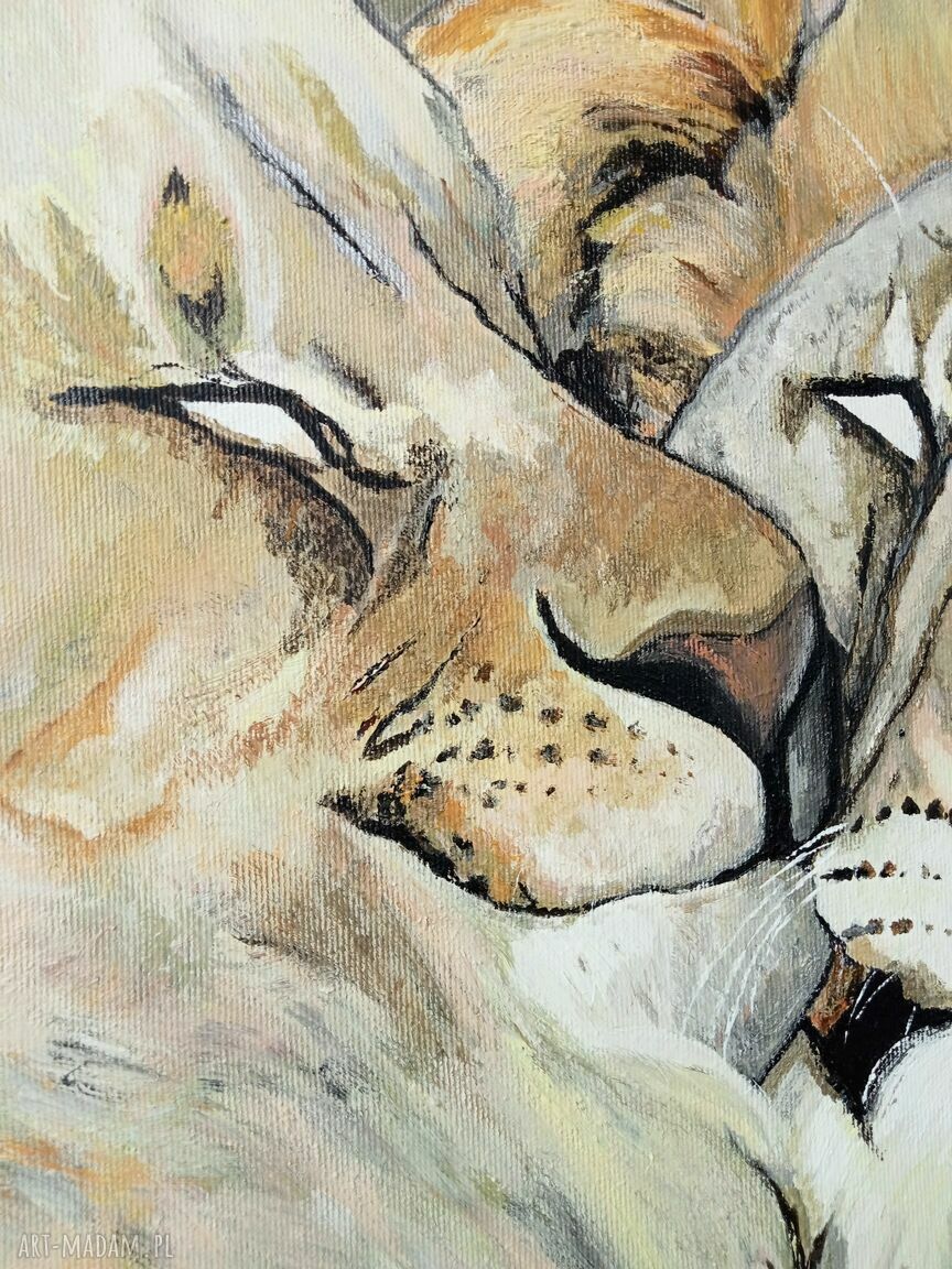 Walentynkowy obraz Love z lwami - akryl na płótnie 50x40x2 cm, sygnowany i gotowy do zawieszenia