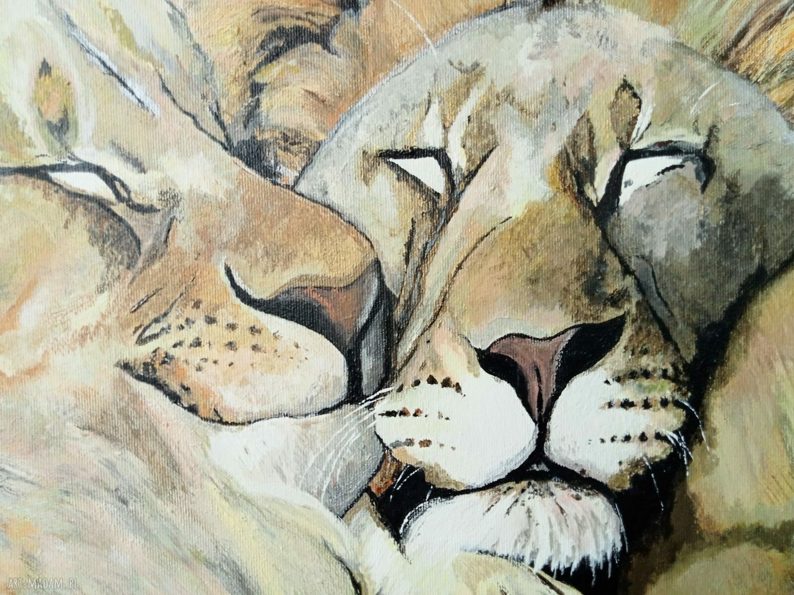 Walentynkowy obraz Love z lwami - akryl na płótnie 50x40x2 cm, sygnowany i gotowy do zawieszenia