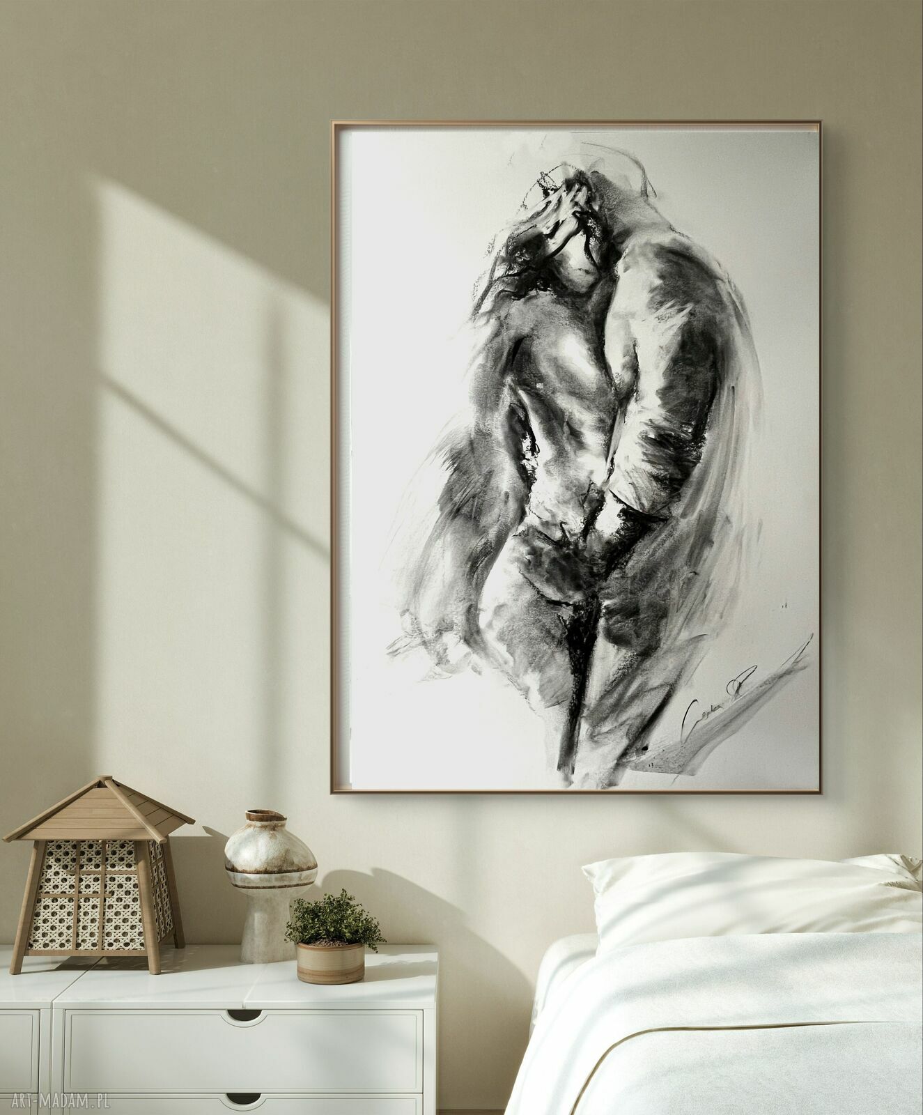 Lovers - obraz nad łóżko 100x70 z rysunkiem w węglu (Louka)