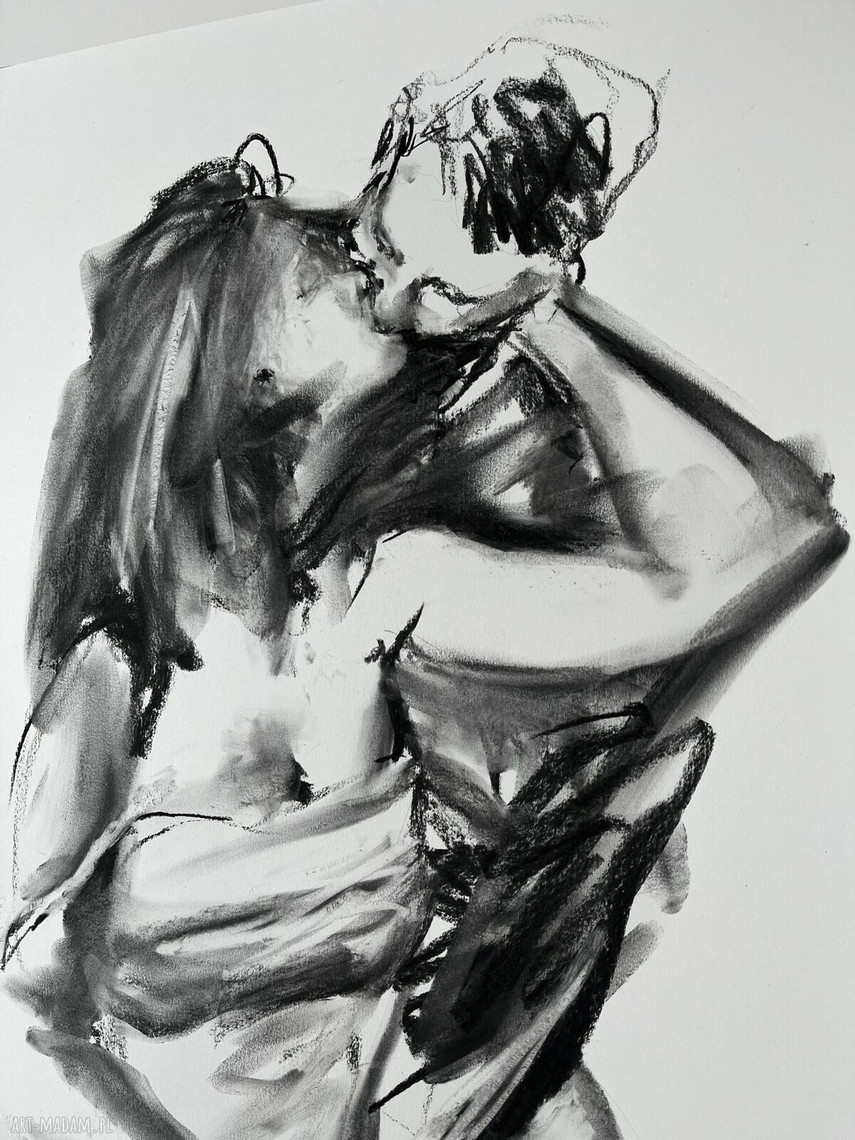 Lovers - obraz 100x70 z węgla na papierze (czarno-biała grafika pary)