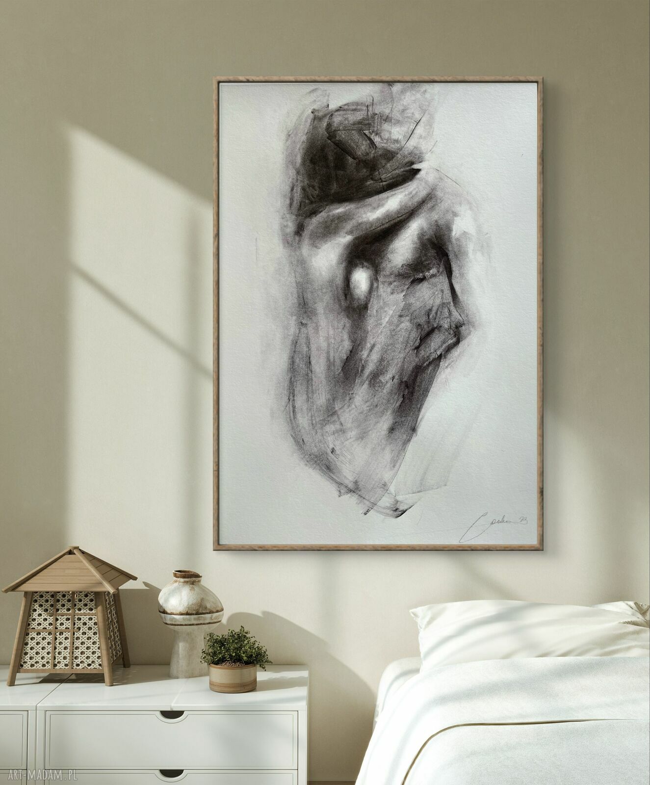 Lovers - inkografia 50x70 do sypialni i salonu, obraz par w ciepłej bieli