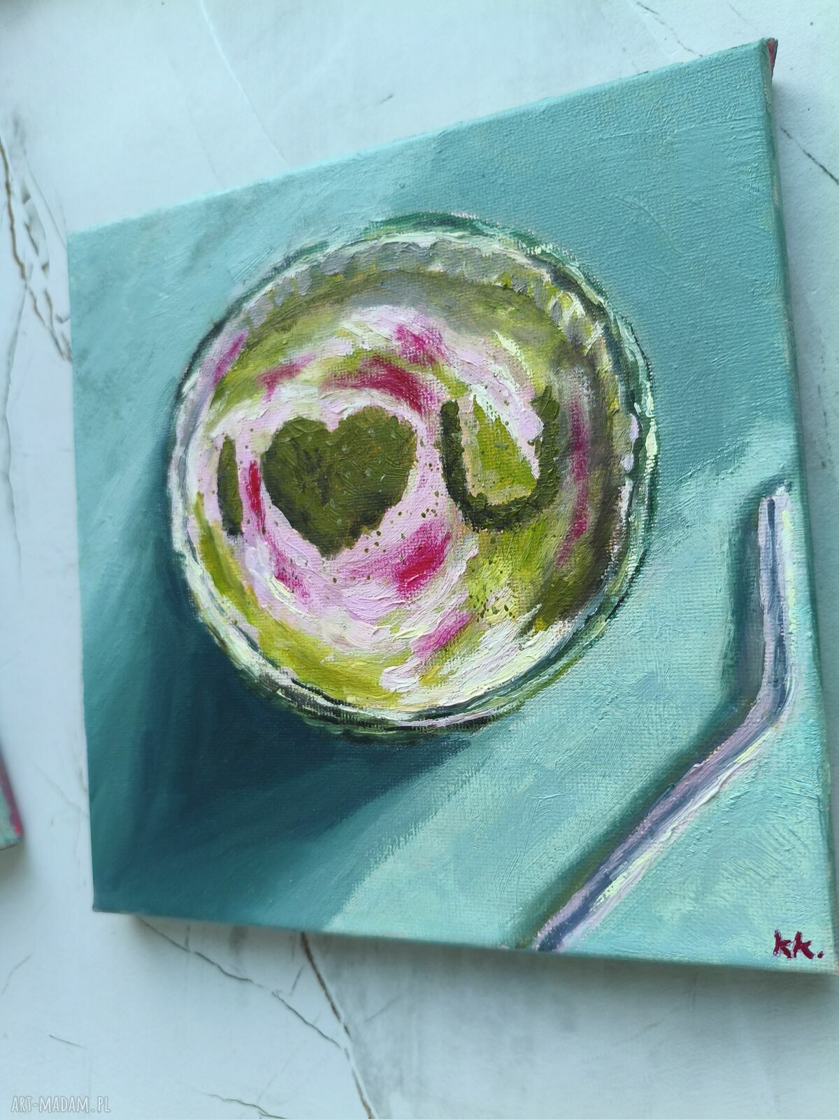 Komplet 2 obrazów Matcha Lovers 20x20 - zielony dyptyk zen (olej na płótnie)