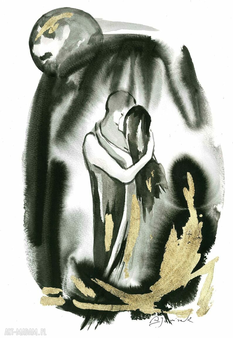 „Lovers” - ręcznie malowana i złocona grafika abstrakcyjna 30x21 cm