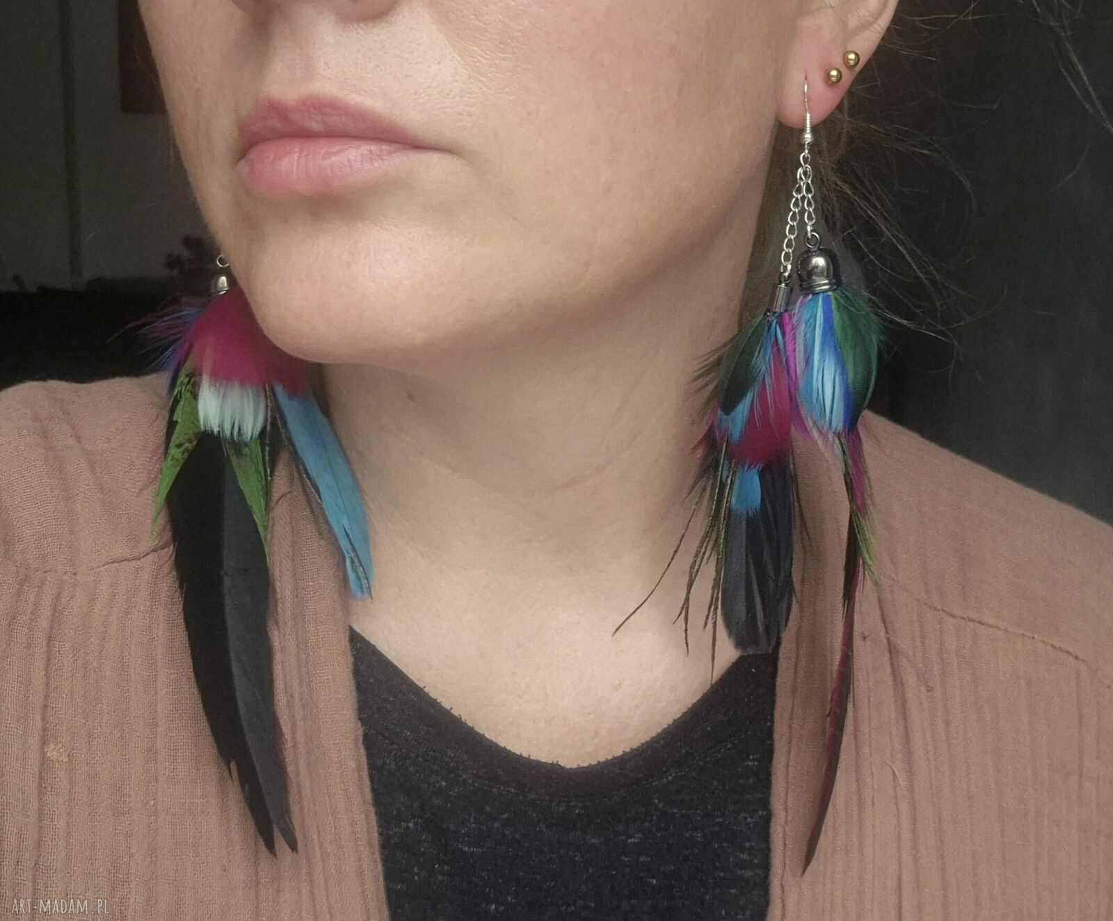 Kolczyki lub klipsy boho z zielonymi piórami - lekkie i duże