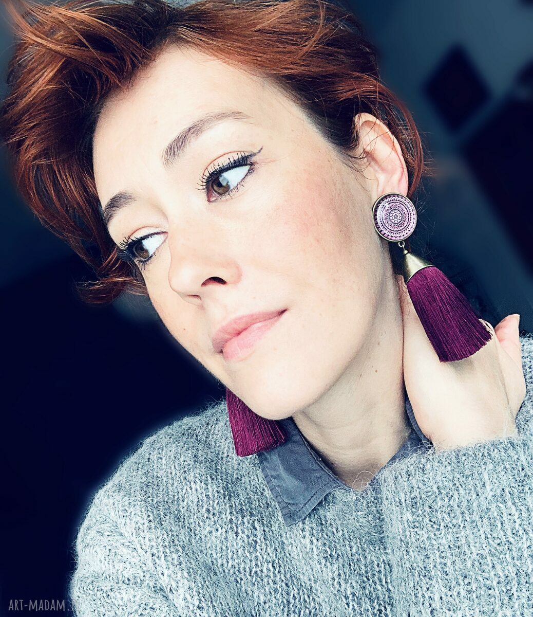 Klipsy Luiza boho bordowe z chwostami - antyczne złoto