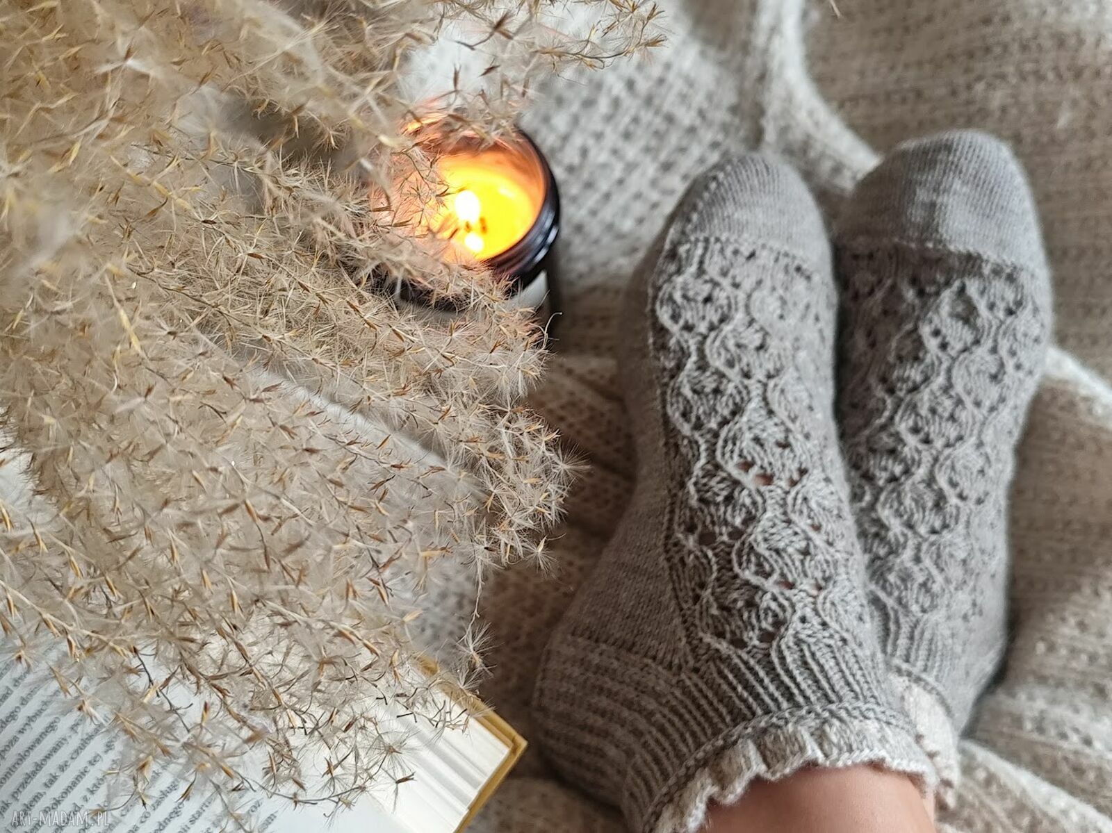 Ażurowe skarpetki z wełny merino i yaka z falbanką, rozm. 37-38