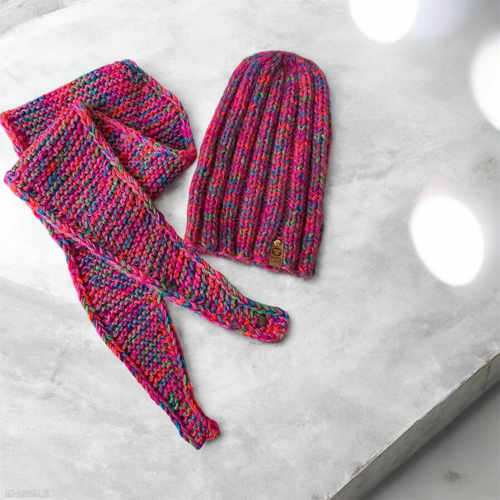 Luksusowy komplet: kolorowa czapka beanie i chusta petite z alpaki, merino i jedwabiem