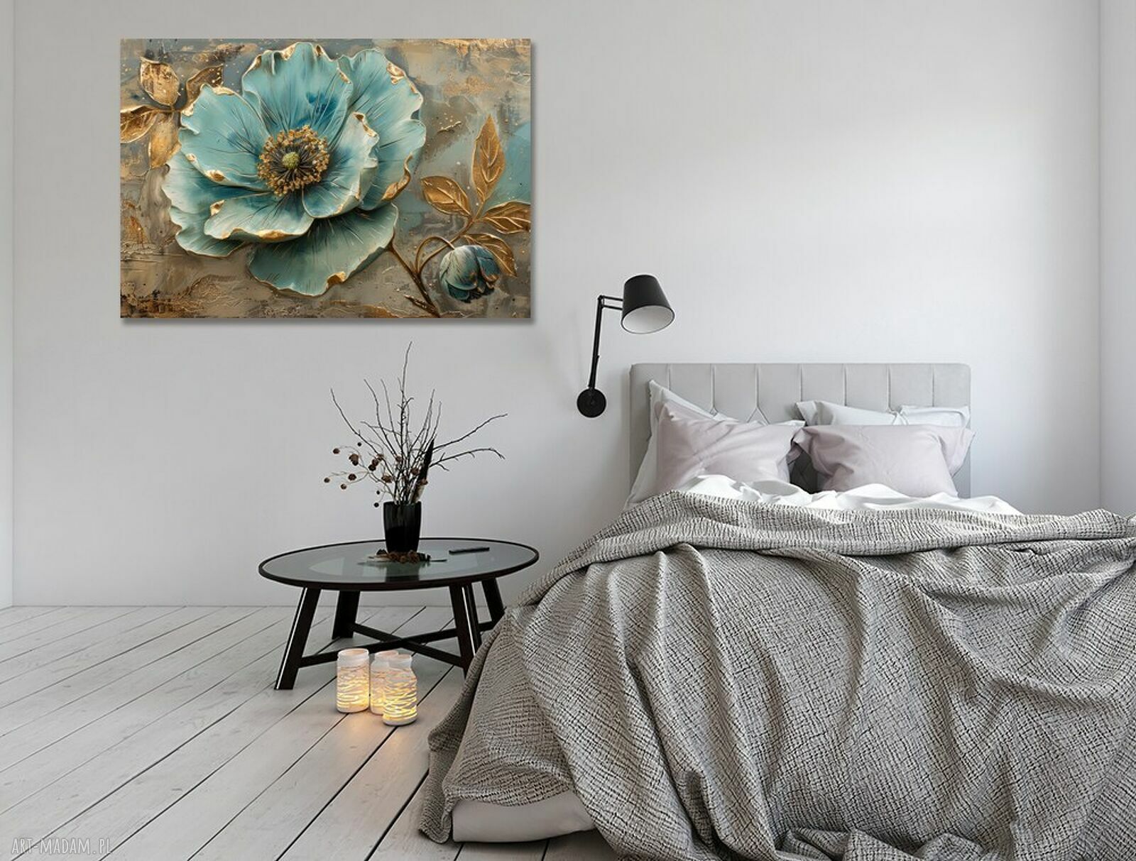 Luksusowy obraz turkusowe kwiaty 120x80 cm - złote akcenty