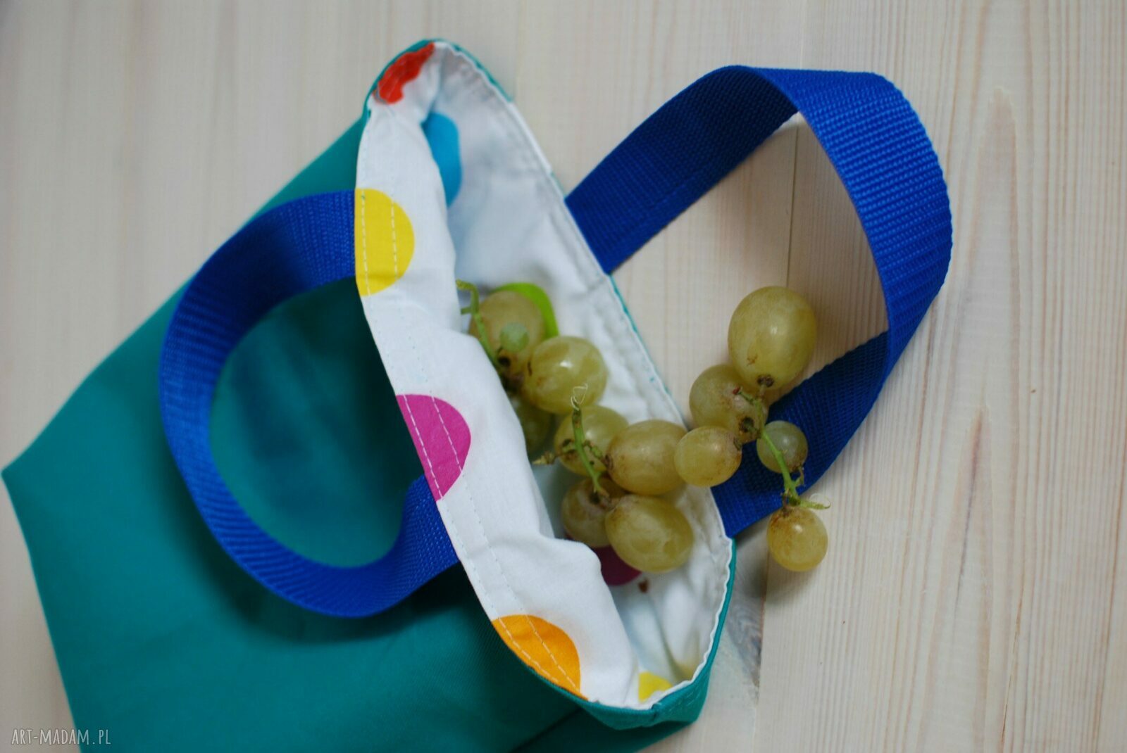 LunchBag by WKML - turkusowa torba na drugie śniadanie w kolorowe grochy