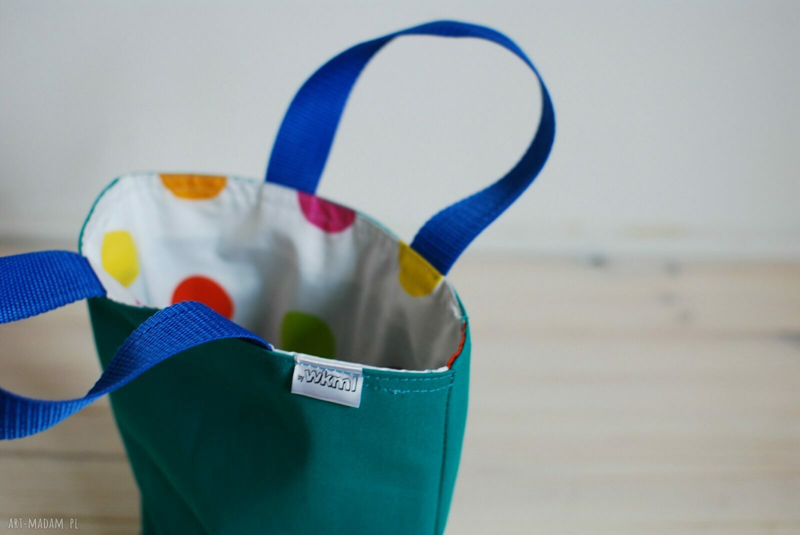 LunchBag by WKML - turkusowa torba na drugie śniadanie w kolorowe grochy