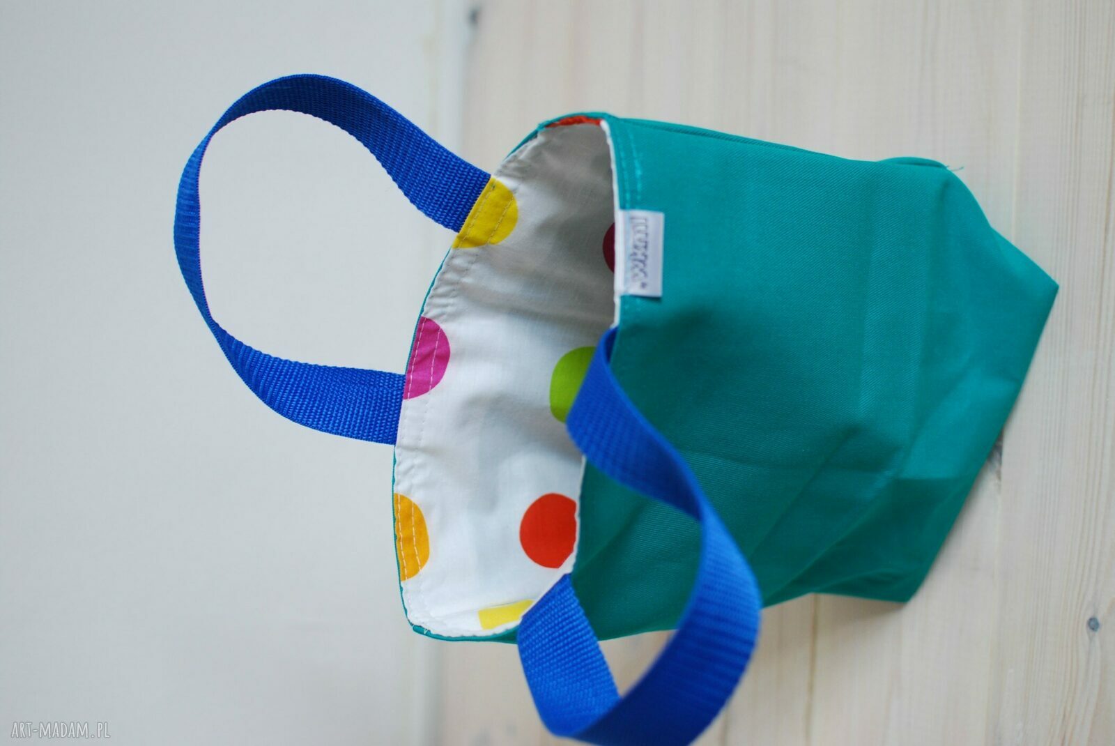 LunchBag by WKML - turkusowa torba na drugie śniadanie w kolorowe grochy