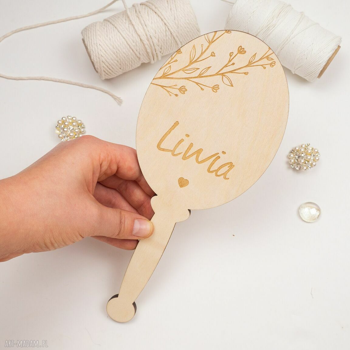 Personalizowane lusterko z gałązką na chrzest i roczek