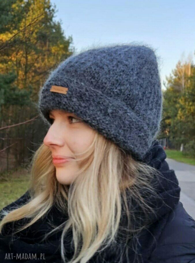Czapka Luxe na drutach - szara z merynosa, moheru i jedwabiem
