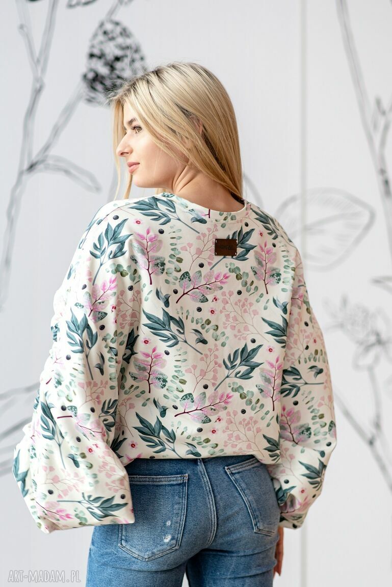 Bluzka z marszczonym rękawem Herbal jasne bawełna z elastanem, oversize (handmade)
