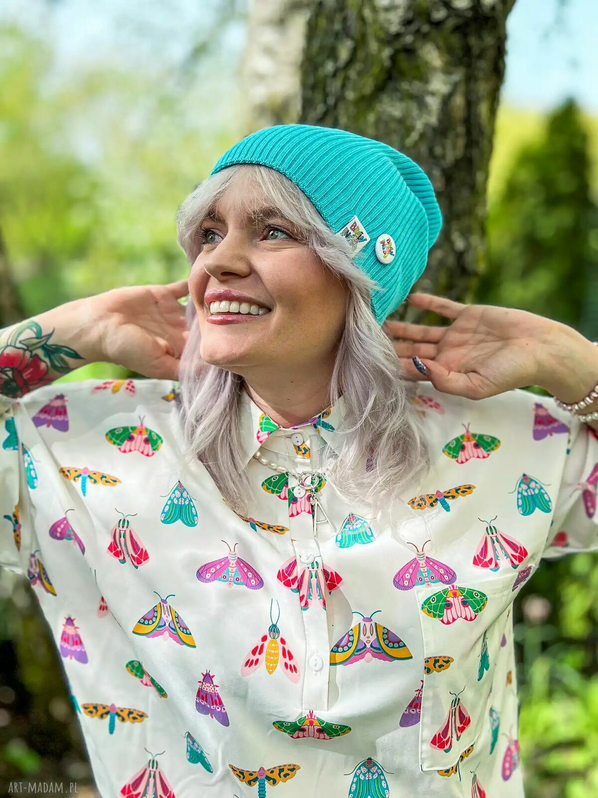 Luźna czapka bawełniana Turkus z logo - smerfetka i beanie