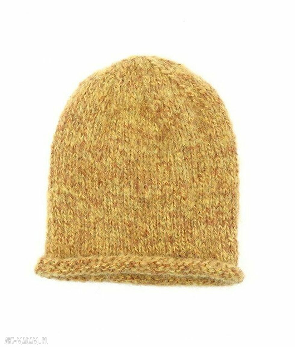 Luźna czapka na drutach boho - miodowy melanż, miękka angora