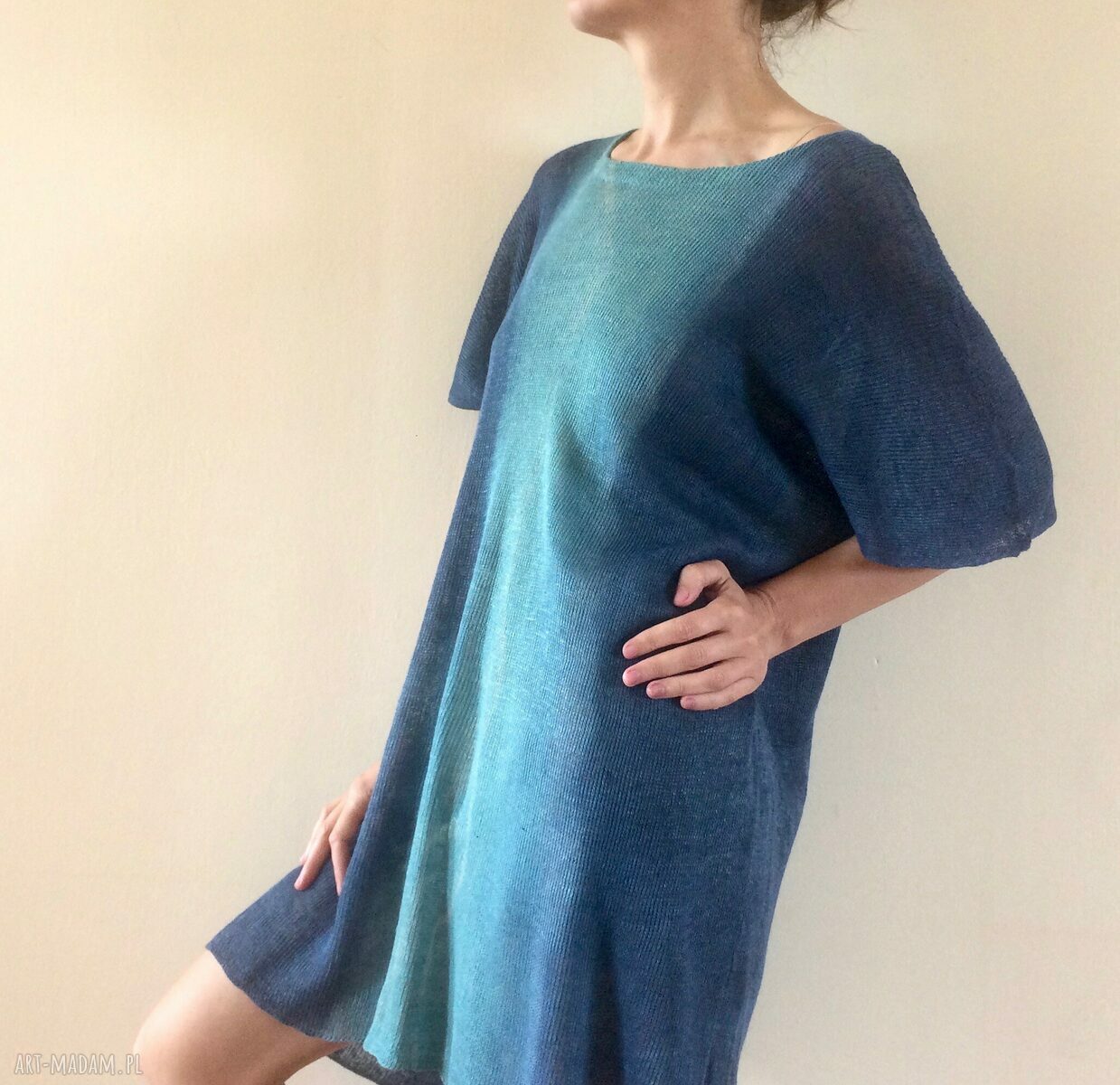 Luźna lniana tunika turkus i niebieski - one size oversize