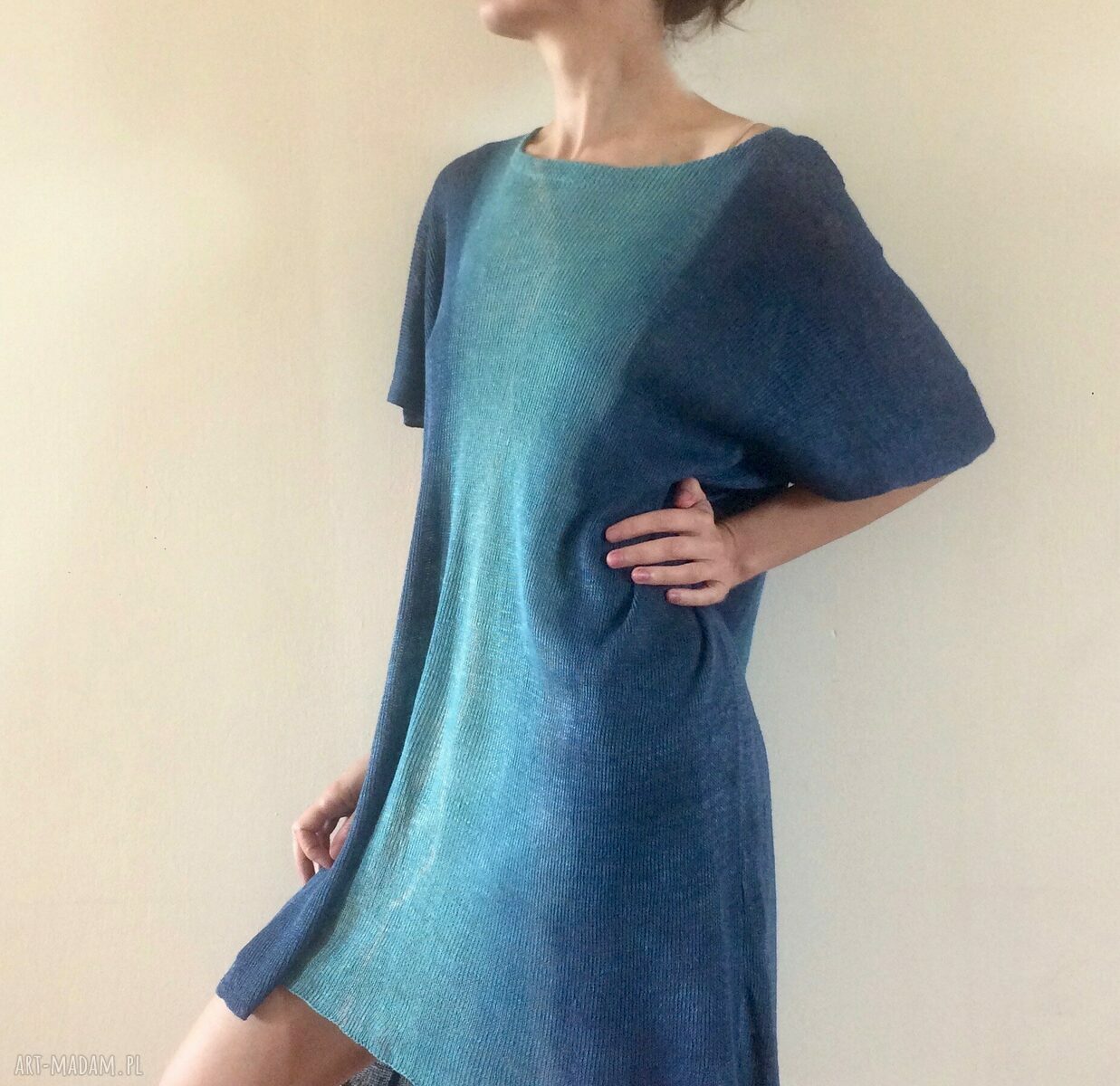 Luźna lniana tunika turkus i niebieski - one size oversize