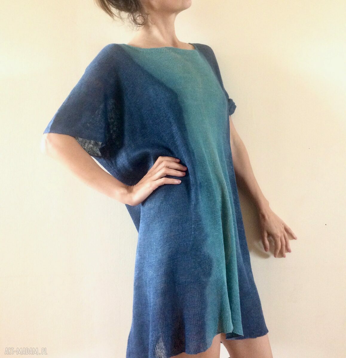 Luźna lniana tunika turkus i niebieski - one size oversize