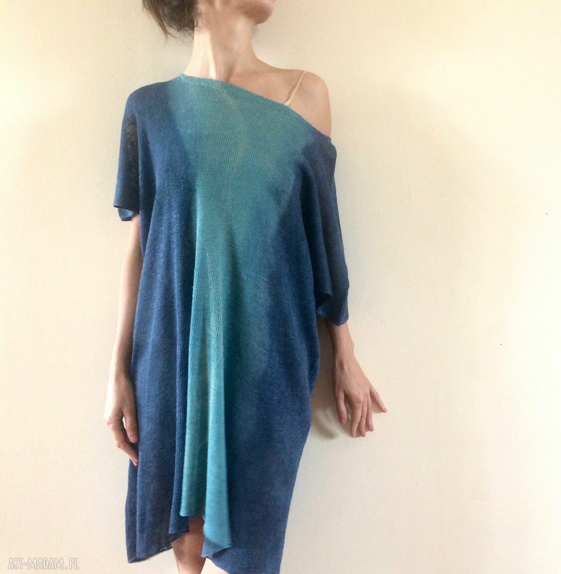 Luźna lniana tunika turkus i niebieski - one size oversize