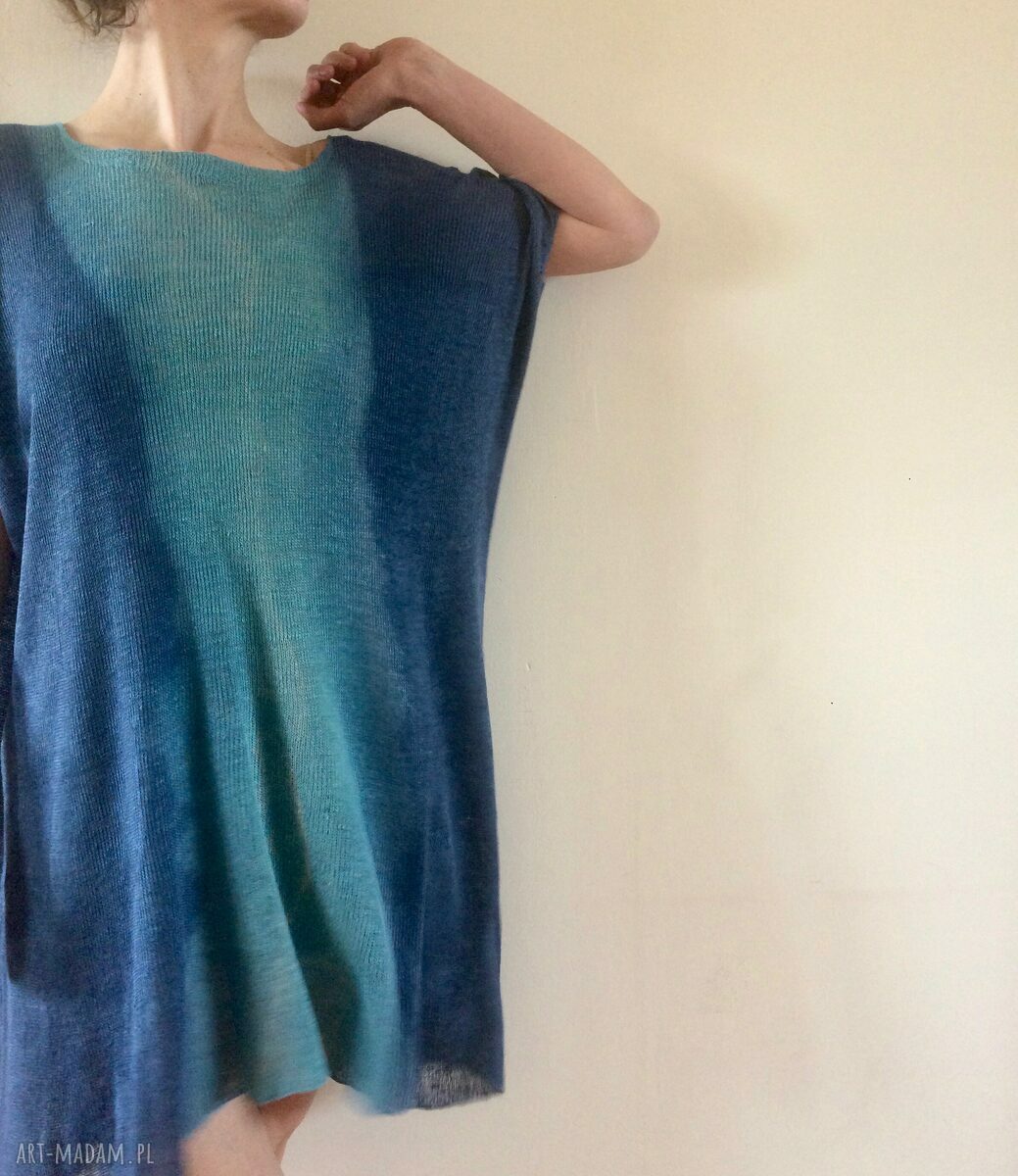 Luźna lniana tunika turkus i niebieski - one size oversize
