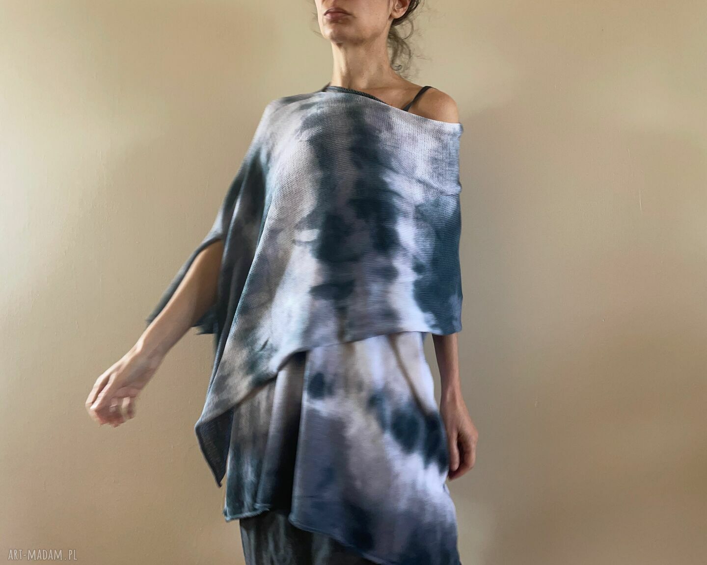 Tunika i narzutka bawełniana biel i grafit ręcznie barwiony komplet 100% bawełna (S XL)