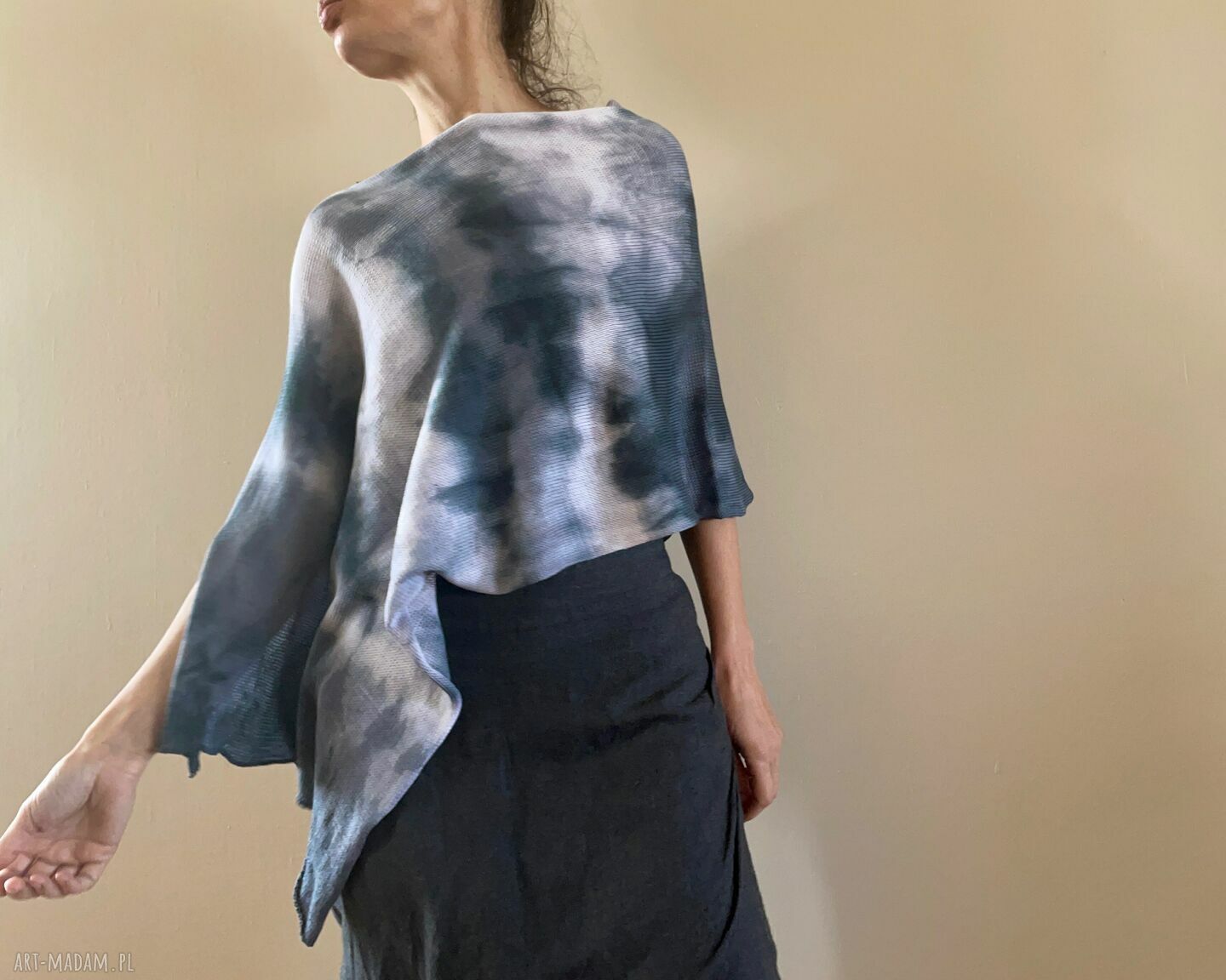 Tunika i narzutka bawełniana biel i grafit ręcznie barwiony komplet 100% bawełna (S XL)