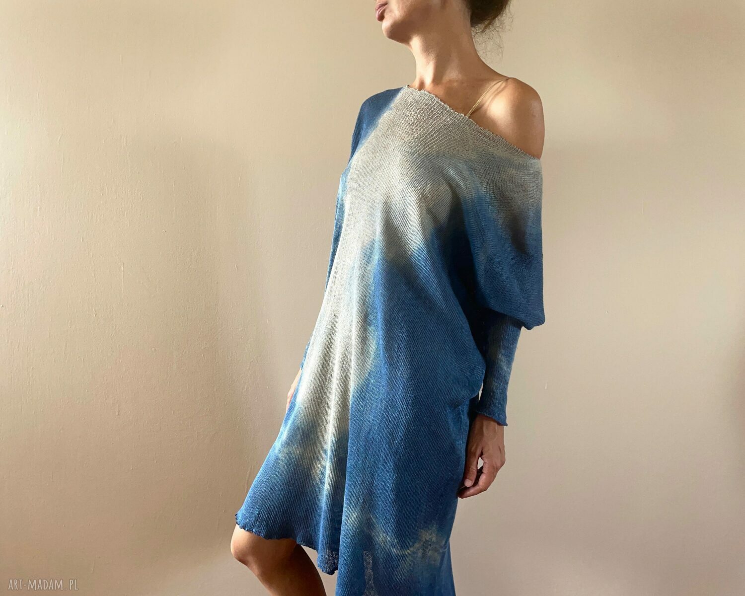 Luźny lniany sweter-sukienka blue i taupe (one size)