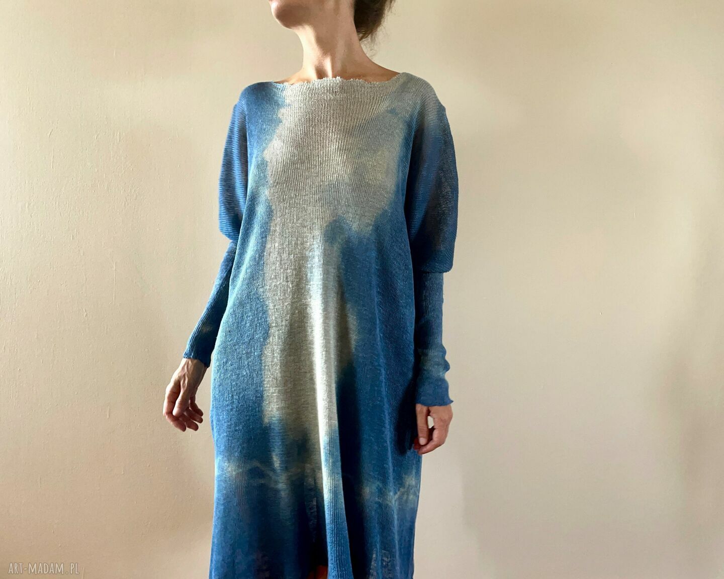 Luźny lniany sweter-sukienka blue i taupe (one size)