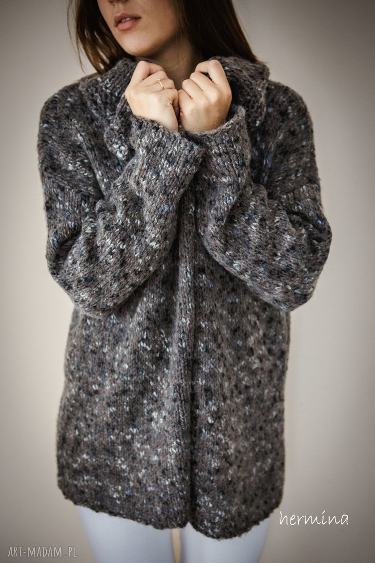 Luźny rozpinany sweter damski z moheru, wełny i akrylu - ciepły kardigan handmade