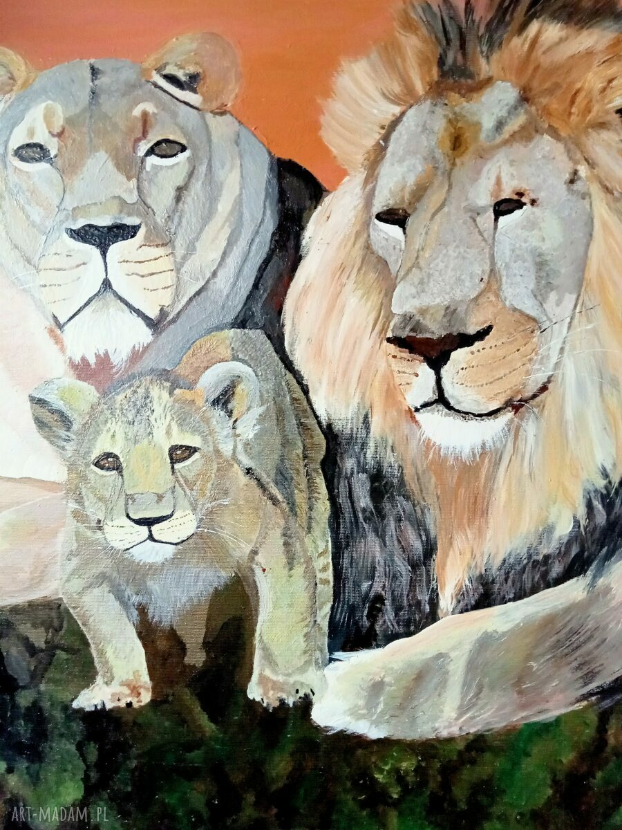 Lwia rodzina - obraz ręcznie malowany z motywem lwów na płótnie 60x80 cm