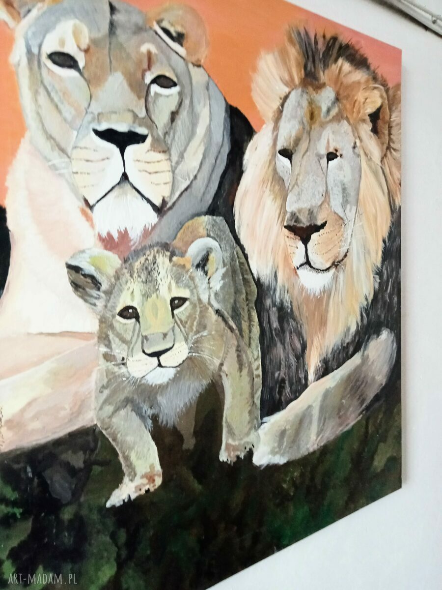 Lwia rodzina - obraz ręcznie malowany z motywem lwów na płótnie 60x80 cm