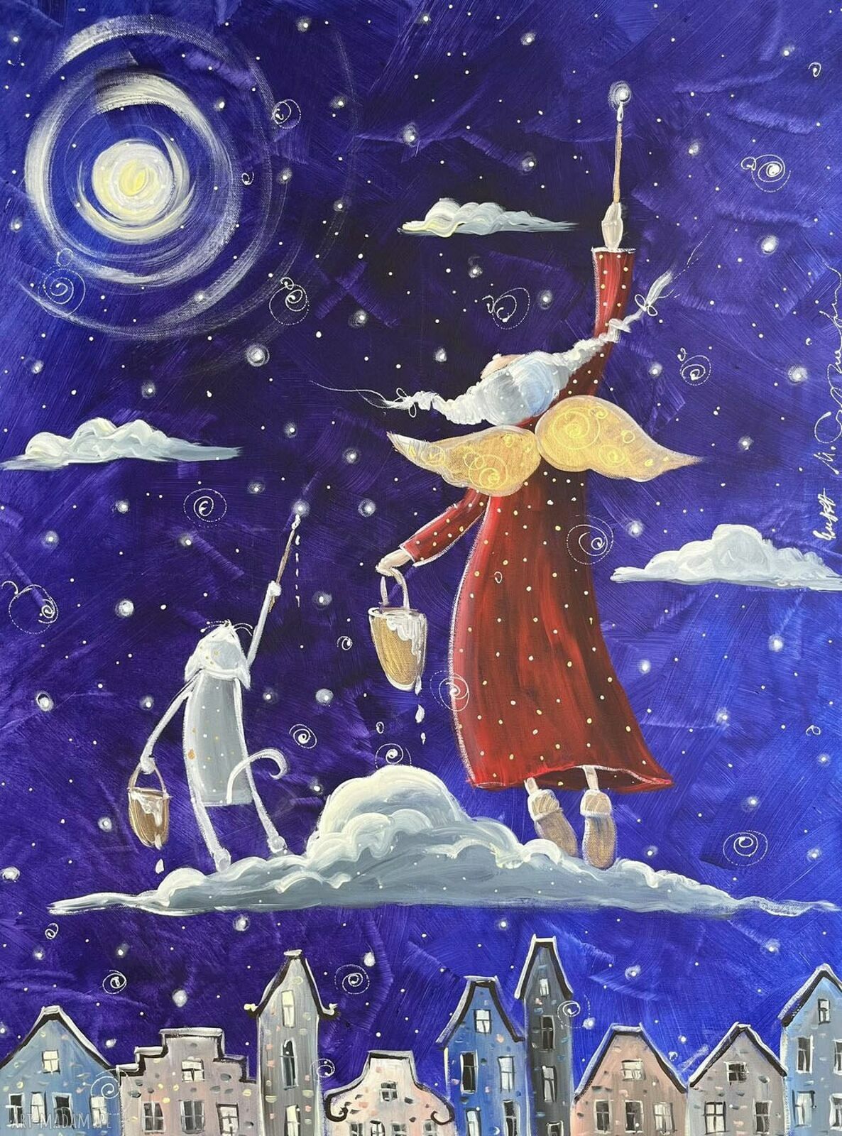 Magiczne gwiazdki marzeń - Giclee (obraz na płótnie kot i anioł)