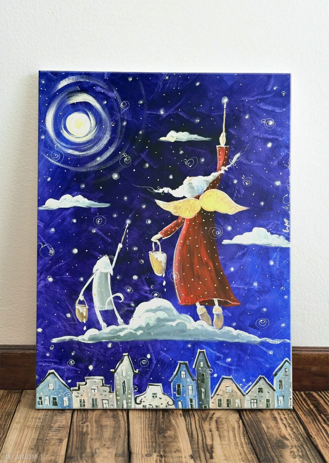 Magiczne gwiazdki marzeń - Giclee (obraz na płótnie kot i anioł)
